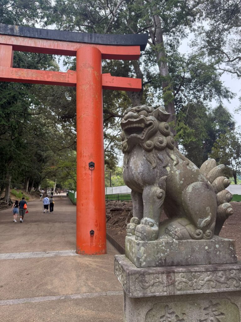 Il torii vermiglio e un leone di pietra komainu sul viale di Kasuga Taisha