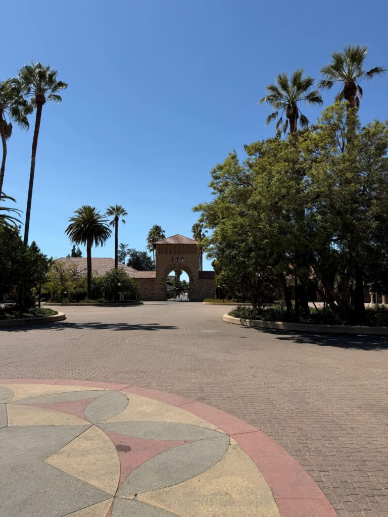 Il viale con le palme e gli archi in arenaria del campus di Stanford