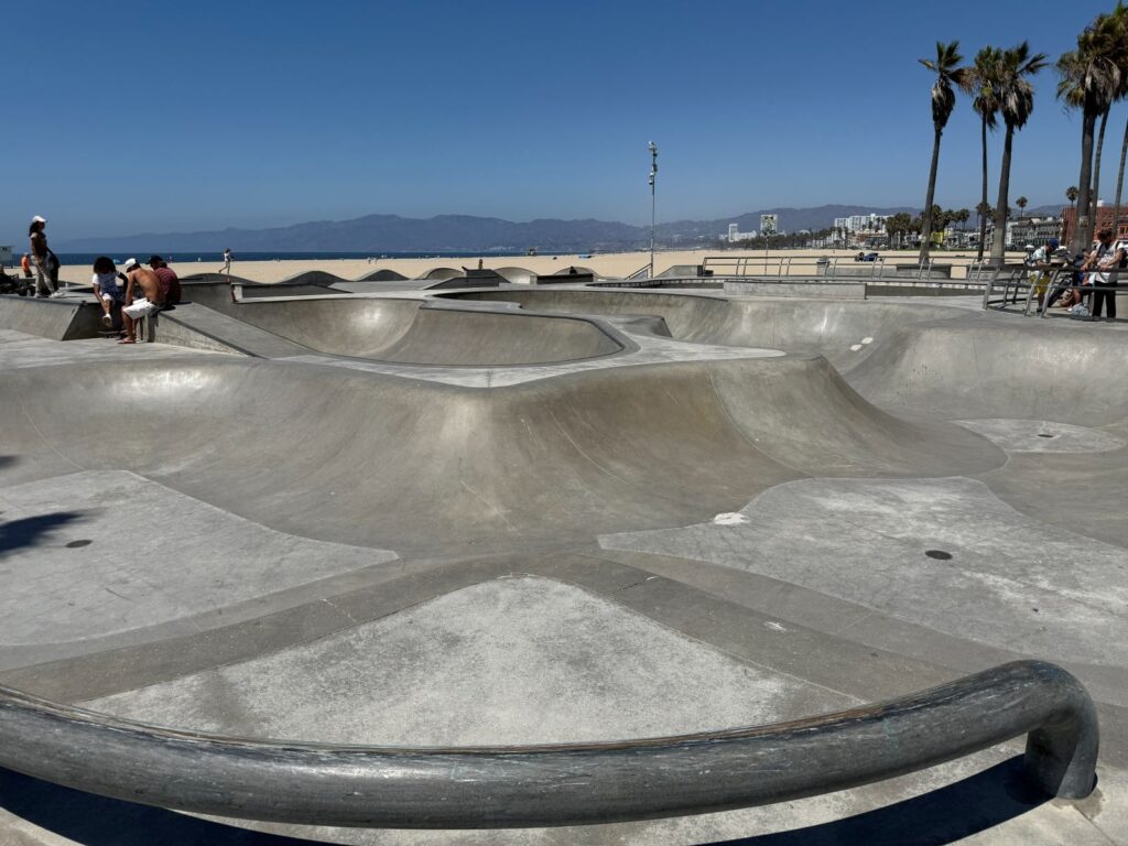 Le vasche in cemento dello skate park di Venice Beach con le palme sullo sfondo